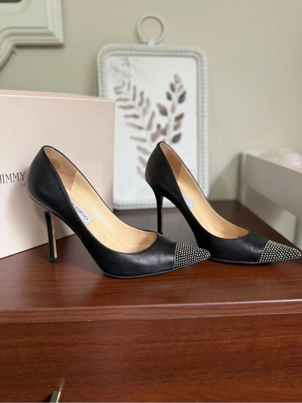 Jimmy Choo Black Leather Pointed Toe Pumps with Studded Cap